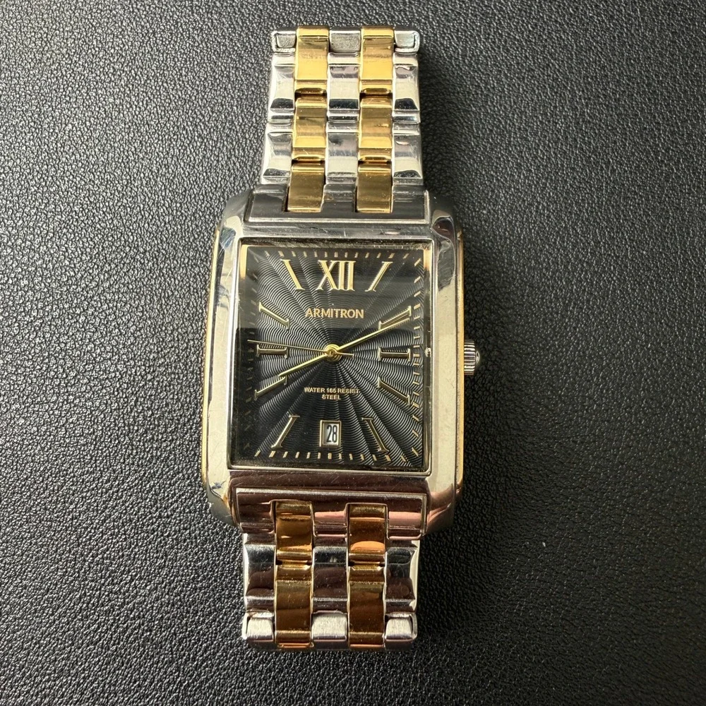Armitron 20/5499TT Men's Date Black Dial Two Tone Bracelet Watch New Battery J